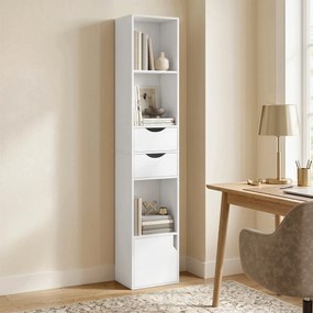 HOMCOM Regał na książki z 2 szufladami, wąska szafka z 3 otwartymi półkami, do biura, sypialni 30x24x158cm Biały | Aosom PL