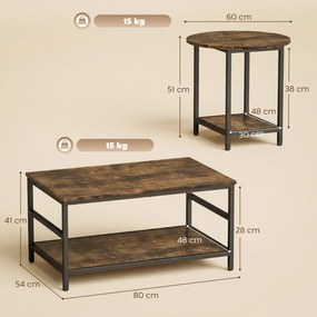 HOMCOM Zestaw stolików kawowych, 2-częściowy, stolik prostokątny i okrągły z 2-poziomowym miejscem do przechowywania, rustykalny brąz | Aosom PL