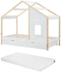 Łóżko domek 90 x 190 cm z szufladą - Sosna i MDF - Kolor: Biały i naturalny + Materac - RINELYA