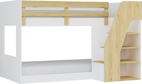 Łóżko piętrowe 90 x 190 cm - Ze schowkami - Biały i naturalny + Materac - NAROJAS