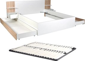 Łóżko z szufladami 160 x 200 cm – Z 2 szafkami nocnymi i półkami – Białe i naturalne + Stelaż – KLYRANA