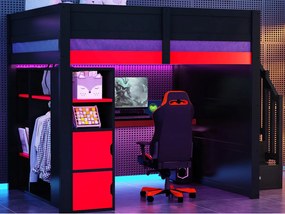 Łóżko na antresoli drewniane 140x200cm z LED i portem USB - Biurko i szafa - Drabina z pojemnikami - Czarny + Czerwony (bez materaca)