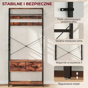 HOMCOM Garderoba z półką na buty, stojak na płaszcze z siedziskiem, 10 haczyków, 2 materiałowe szuflady, drążek, płyta wiórowa, metal, brązowy