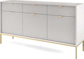 Komoda Elegancka DomoHome NOVA – 154x83x39cm, fasada Geriffelt, złote uchwyty, uniwersalny design, 3 szuflady i 3 drzwi, Szara rama złota