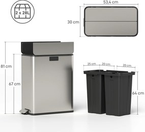 HOMCOM Kosz kuchenny 2 x 28L ze stali nierdzewnej, pedał, pokrywa soft-close, wyjmowane wkłady | Aosom PL