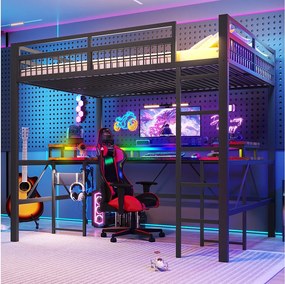 Łóżko piętrowe dla dzieci - 140 x 200 cm - rama żelazna - z diodami LED + biurko + port USB + gniazdko elektryczne - metalowe - czarne