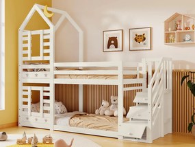 Łóżko piętrowe 90x200cm z litego drewna - z schodami do przechowywania - 2 stelaże na materac - Białe