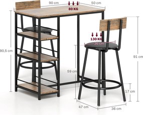 HOMCOM 3-częściowy zestaw do jadalni z ladą barową i 2 krzesłami, Mały zestaw kuchenny z bocznymi półkami, MDF, metal, czarny