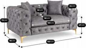 Sofa SORRENTO 2S Dwuosobowa Szara Welurowa Nowoczesna Glamour