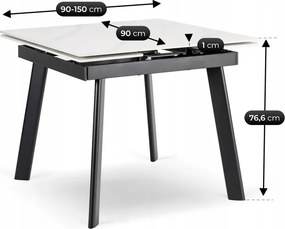 Stół Rozkładany Kwadratowy LARES 90-150 cm Ceramiczny Biały Marmur/Czarny Nowoczesny