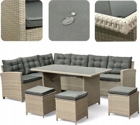 Narożnik ogrodowy ze stołem i pufami Mexico 019 jasny beż, poduszki szare