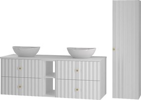 Biały Zestaw Łazienkowy 140cm Szafka z Blatem Umywalka Regał Słupek Ryflowane Fronty Aqua