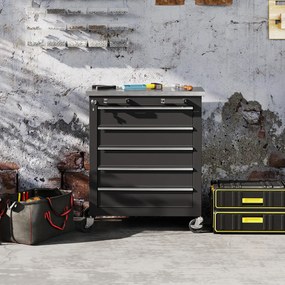 HOMCOM Szafka narzędziowa z 5 szufladami, przenośna skrzynia narzędziowa na kółkach, wózek narzędziowy ze stali, odcień srebra+czarny