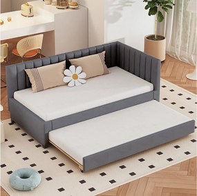 Łóżko wysuwane 90 x 190/200 cm - sofa rozkładana welurowa - stelaż listwowy - szary