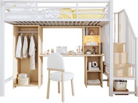 Łóżko na antresoli 90 x 200 cm - Konstrukcja stalowa - z miejscem do przechowywania - z szafą + biurkiem - Biały​ (materac nie jest wliczony w cenę)