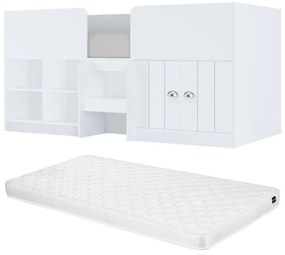 Łóżko podwyższone 90 x 190 cm ze schowkami - Biały + Materac - BOUTANIO