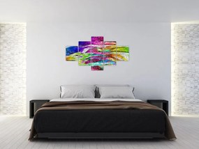 Obraz - Mur z cegły z kolorowymi płomieniami (125x70 cm)