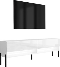 Szafka pod telewizor 170 cm Biały Mat / Biały Połysk, nóżki proste czarne, LED biały, 170 × 32 × 52 cm