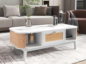 Stolik kawowy - ozdobiony rattanem i drewnem lite - styl wiejski - biały