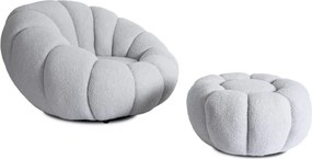 Fotel Wypoczynkowy Obrotowy PETTIT Szary z Pufą w Tkaninie Teddy Boucle