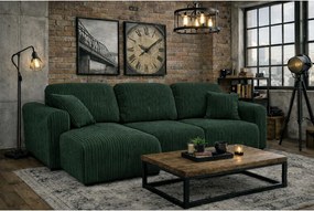 Narożnik w kształcie L z funkcją spania i pojemnikiem Bingo L, tkanina sztruksowa Poso, Zielony, Lewy