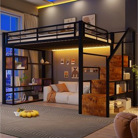 Łóżko piętrowe 140 x 200 cm ze schodkami do przechowywania, otwarte półki pod łóżkiem – Metal i płyta MDF – LED – Czarne (Materac nie jest wliczony w cenę)