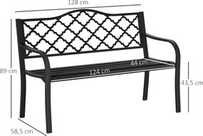 Outsunny Metalowa Ławka Ogrodowa 2-osobowa Czarna Stylowa z Oparciem i Podłokietnikami 128x585x89cm | Aosom PL