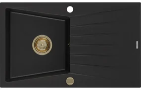 Mexen Cesar zlewozmywak granitowy 1-komorowy z ociekaczem 775 x 470 mm, czarny, syfon złoty - 6514771010-77-G
