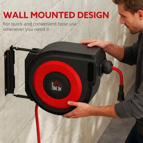 HOMCOM Bęben na wąż z mechanizmem zwijania, 16,5 m długi wąż, montaż ścienny, Czerwony+Czarny