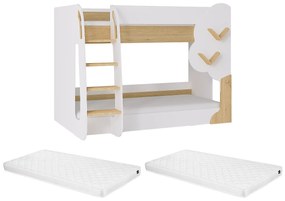 Łóżko piętrowe 2 x 90 x 190 cm - Biały i Naturalny + Materac - PILATI