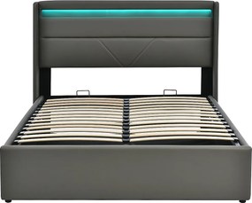 Łóżko ze schowkiem 160 x 200 cm - Szary PU - Łóżko z regulowanym oświetleniem LED - Stelaż z listew - Bez materaca