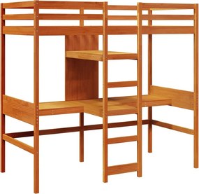 Sosnowe brązowe łóżko na antresoli z biurkiem 90x190 C4-H40