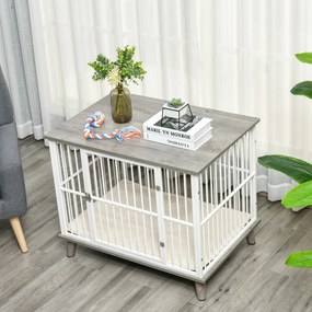 PawHut Drewniana klatka dla psa Biało-szara 86x60x70cm Elegancka i bezpieczna | Aosom PL