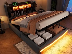Łóżko tapicerowane ze schowkiem 140x200 cm - z oświetleniem LED - z komorą przechowawczą - szare (bez materaca)