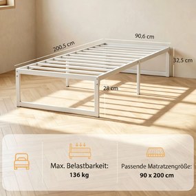 HOMCOM Rama łóżka z miejscem do przechowywania i stalowym stelażem, wys. 32,5 cm, cicha, 200 x 90 cm, Biały | Aosom PL