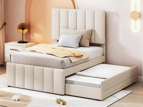 Łóżko tapicerowane lniane 90x200cm - z łóżkiem wysuwanym na kółkach i 3 szufladami - Beżowe