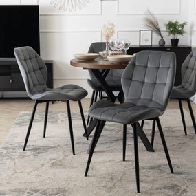 Zestaw Stół Okrągły Rozkładany DORIAN 80-160 cm Dąb Rustykalny/Czarny i 4 Krzesła Tapicerowane do Jadalni LUCKY Szare Welurowe