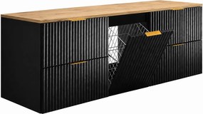 Szafka łazienkowa wisząca pod umywalkę z koszem na pranie, czarny / blat dąb craft, uchwyty złote, 160 x 46 x 57 cm