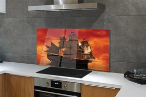 Szkło do Kuchni na Ścianę Statek w Blasku Pomarańczowego Nieba