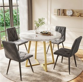 Stół jadalny - 80 x 80 x 75 cm, okrągły metalowy stół z nowoczesnym wzorem marmuru, biały/złoty