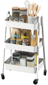 HOMCOM Wózek Serwisowy z 3 Poziomami na Kółkach z Uchwytem i Hamulcem do Kuchni, Biura, Łazienki, Biały