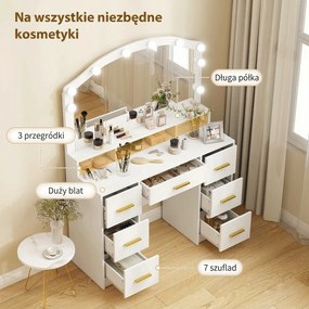 HOMCOM Toaletka z 10 lampami LED w stylu Hollywood, lustro, 7 szuflad, 3 przegrody, MDF, biała