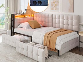 Kanapa rozkładana z tapicerką 90 x 200 cm - z 2 szufladami - z oświetleniem LED - z portami USB i Type-C - Beżowa (bez materaca)