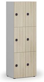 Drewniana szafka skrytkowa S4, 6 schowków, demontaż, zamek kodowy, szary/dąb naturalny
