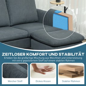HOMCOM Sofa narożna, 3-osobowa sofa z pufą, Obicie z tkaniny, Zestaw sof L-kształt, Ciemnoszary