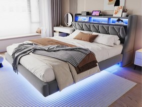 Łóżko tapicerowane 180×200 cm - zagłówek składany - z gniazdkiem - z oświetleniem LED - tkanina aksamitna - szare (materac nie jest zawarty)