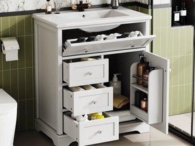 Meble łazienkowe z ceramiczną umywalką - 1 drzwi i 3 szuflady - biały (bateria nie jest dołączona)