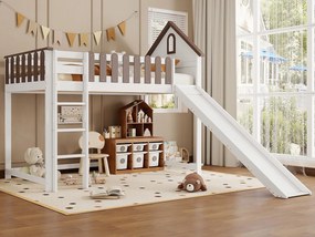 Łóżko mezzanine 90x200 cm z drabiną i zjeżdżalnią - z drewna sosnowego i MDF - Białe i Brązowe