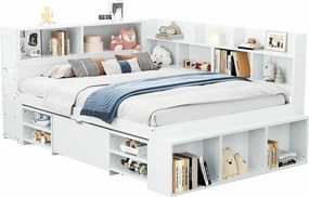 Łóżko MDF 140x200cm - z wielofunkcyjnym schowkiem i małym wyjmowanym regałem - z podstawą z listew - Białe
