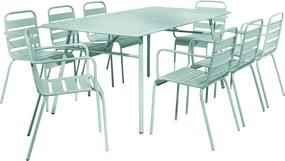 Zestaw mebli jadalnianych ogrodowych z metalu - stół o dł. 200 cm i 8 sztaplowanych foteli - Migdałowa zieleń - MIRMANDE marki MYLIA